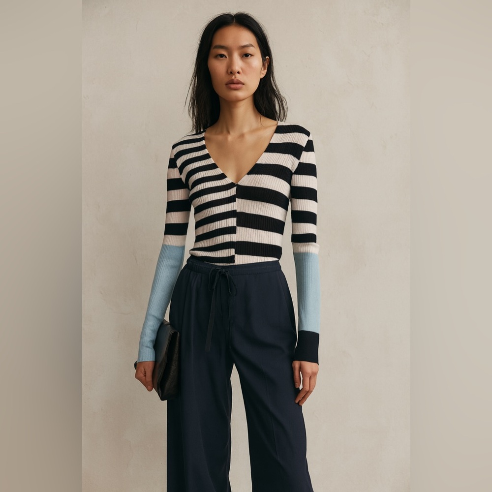TOME NYC Merino Wool Silk Cashmere Striped Cutout Back Sweater Top